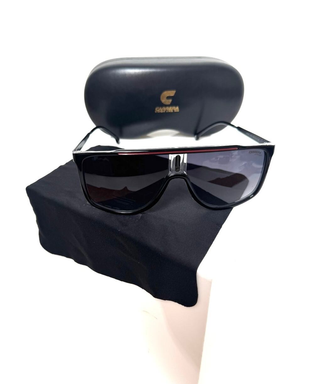 Carrera Vintage Shield Sunglasses Black Red Silver Oversized NWOT Case Cloth